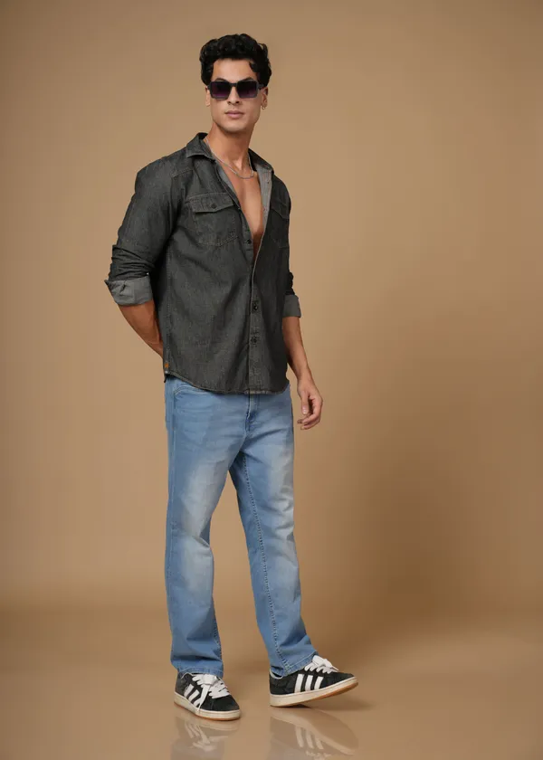 Dark_Grey_100%_Cotton_Denim_Shirt_For_Men