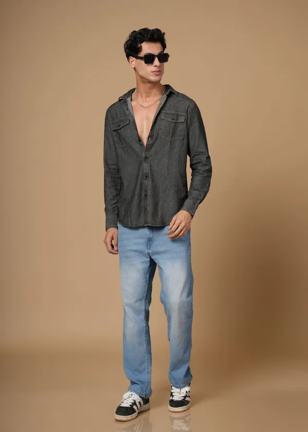Dark_Grey_100%_Cotton_Denim_Shirt_For_Men