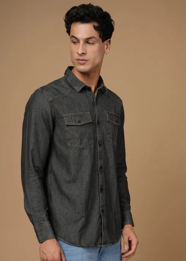 Dark_Grey_100%_Cotton_Denim_Shirt_For_Men