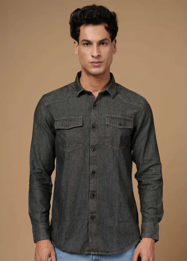Dark_Grey_100%_Cotton_Denim_Shirt_For_Men