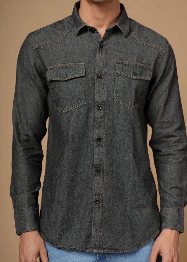 Dark_Grey_100%_Cotton_Denim_Shirt_For_Men