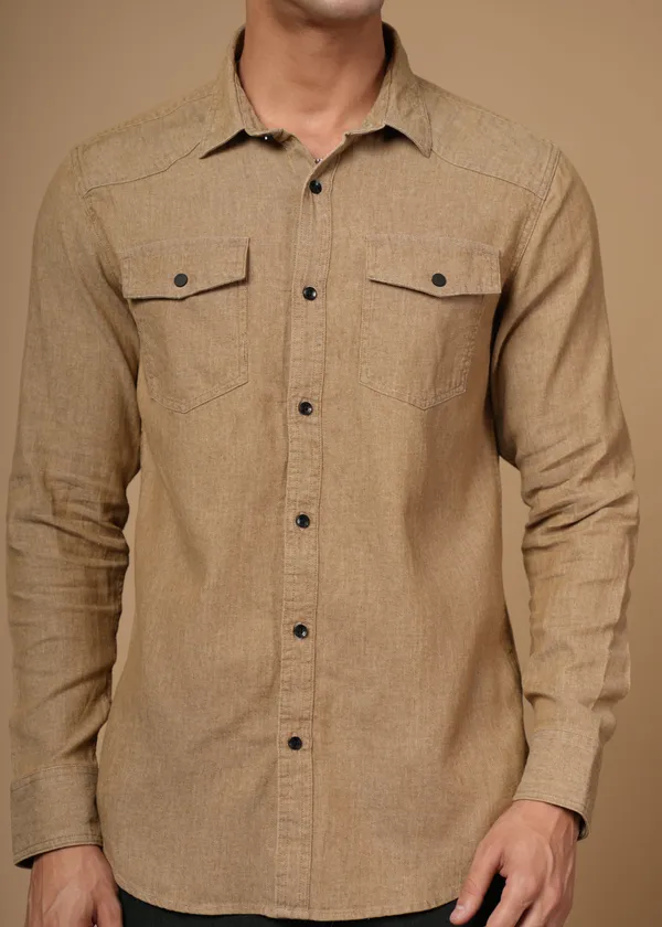 Beige_100%_Cotton_Denim_Shirt_For_Men