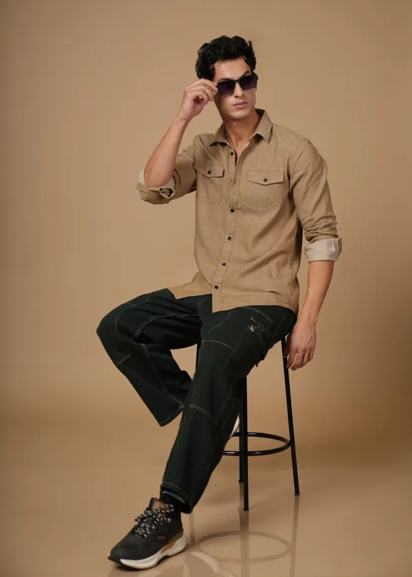 Beige_100%_Cotton_Denim_Shirt_For_Men