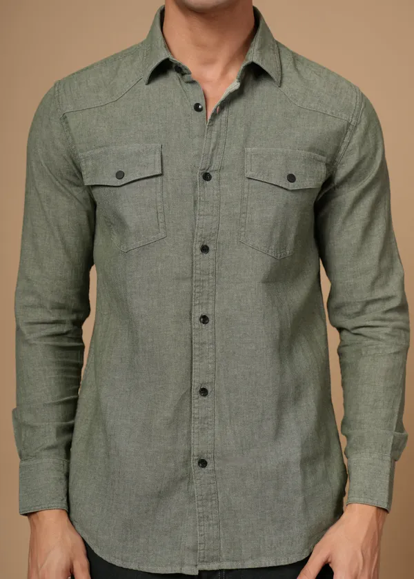 Olive_Green_100%_Cotton_Denim_Shirt_For_Men