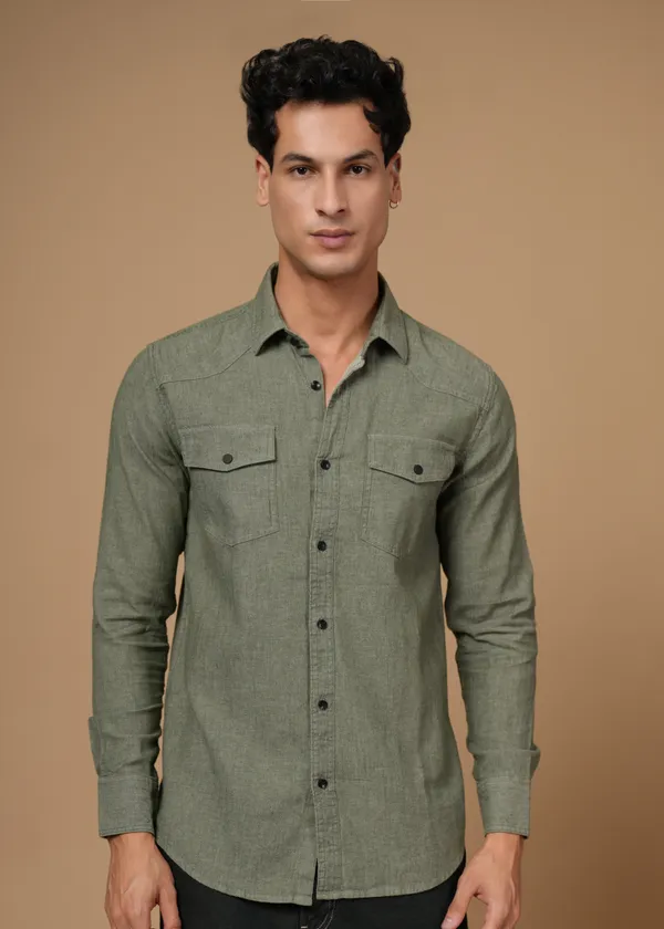 Olive_Green_100%_Cotton_Denim_Shirt_For_Men