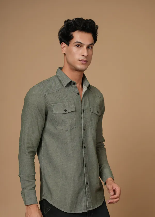 Olive_Green_100%_Cotton_Denim_Shirt_For_Men