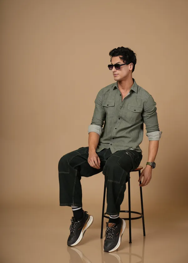 Olive_Green_100%_Cotton_Denim_Shirt_For_Men