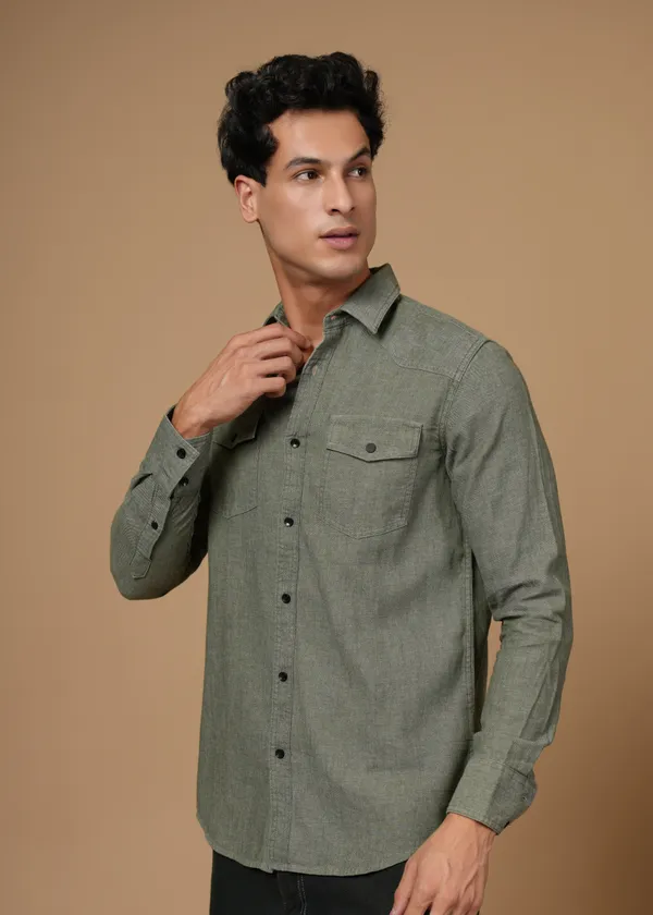 Olive_Green_100%_Cotton_Denim_Shirt_For_Men
