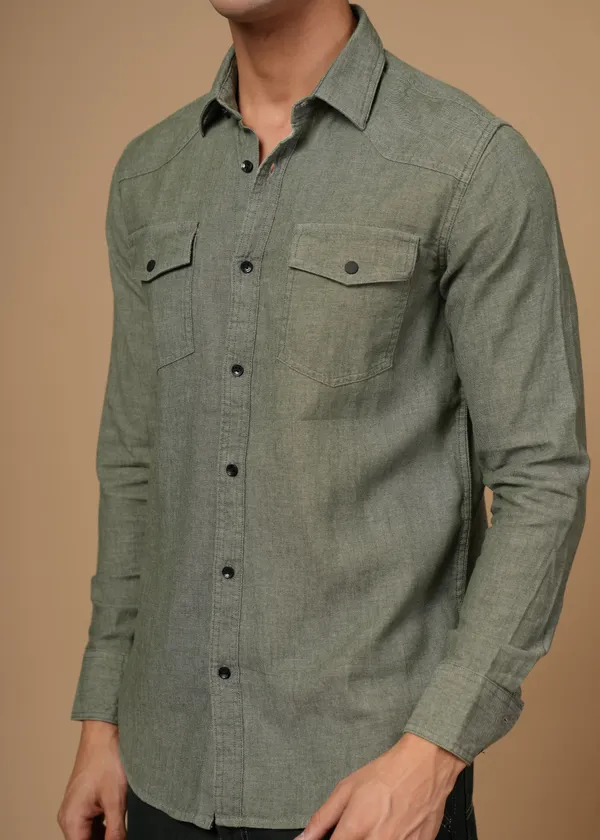 Olive_Green_100%_Cotton_Denim_Shirt_For_Men