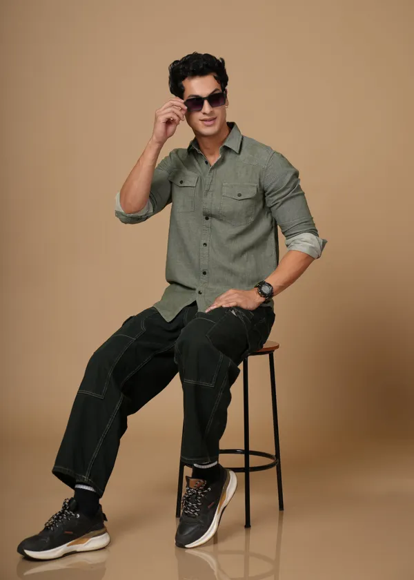Olive_Green_100%_Cotton_Denim_Shirt_For_Men