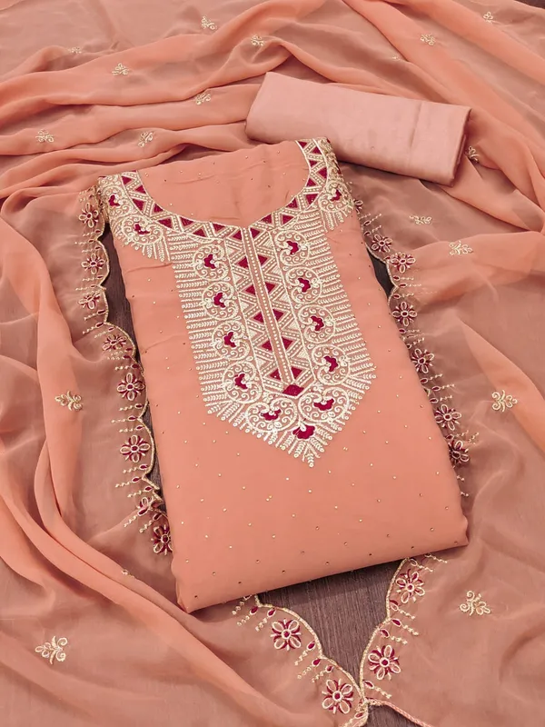Peach_Premium_Georgette_Zari_Dress_Material_For_Women_&_Girls