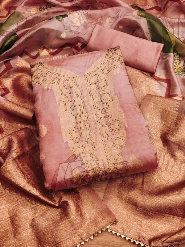 Peach_Premium_Organza_Jacquard_Dress_Material_For_Women_&_Girls