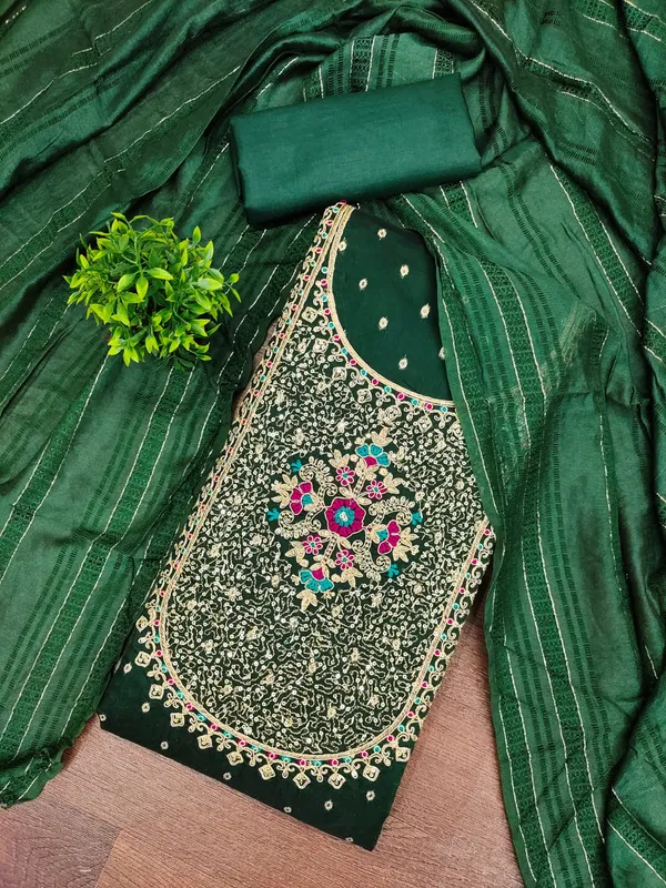 Green_Premium_Chinnon_Dress_Material_For_Women_&_Girls