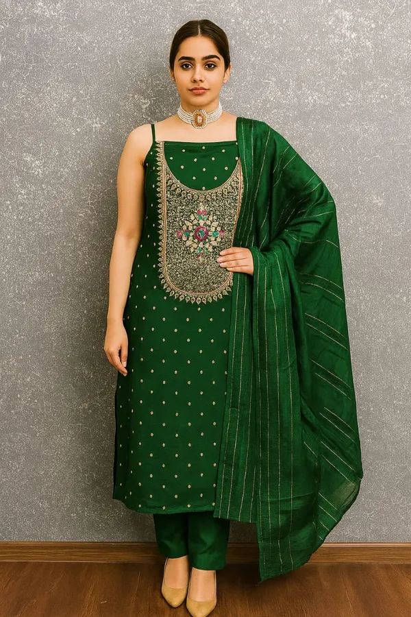 Green_Premium_Chinnon_Dress_Material_For_Women_&_Girls