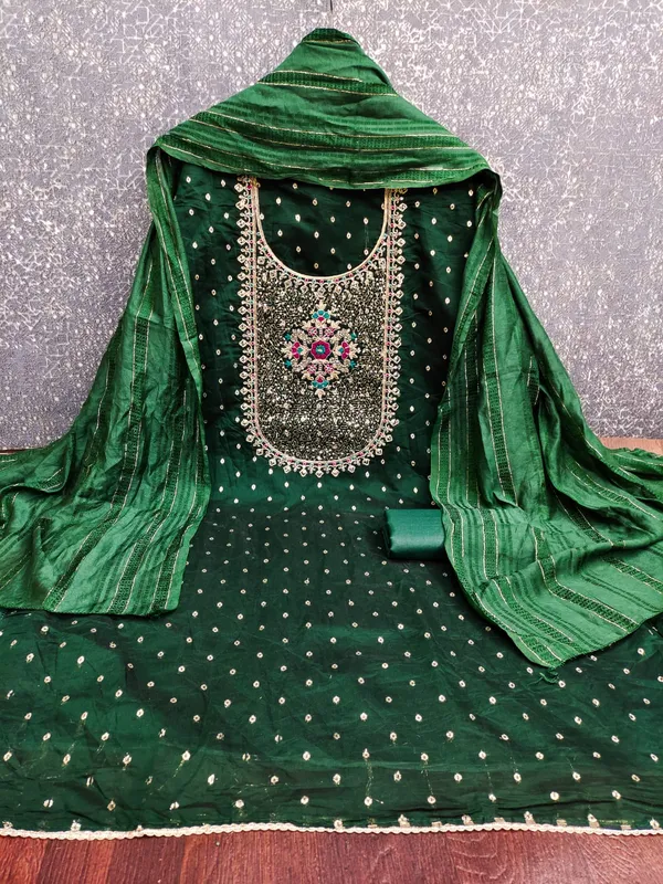 Green_Premium_Chinnon_Dress_Material_For_Women_&_Girls