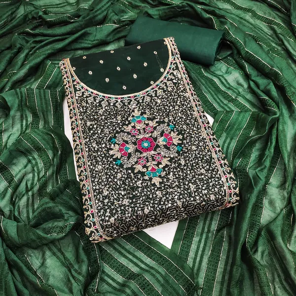 Green_Premium_Chinnon_Dress_Material_For_Women_&_Girls