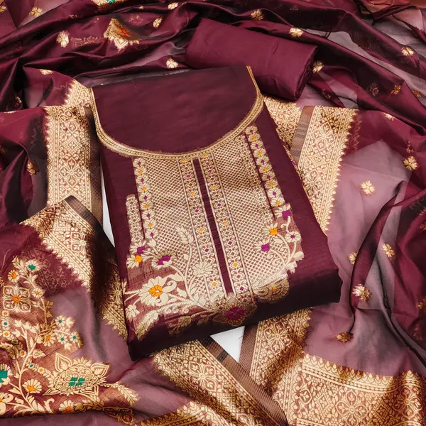 Maroon_Premium_Organza_Jacquard_Dress_Material_For_Women_&_Girls