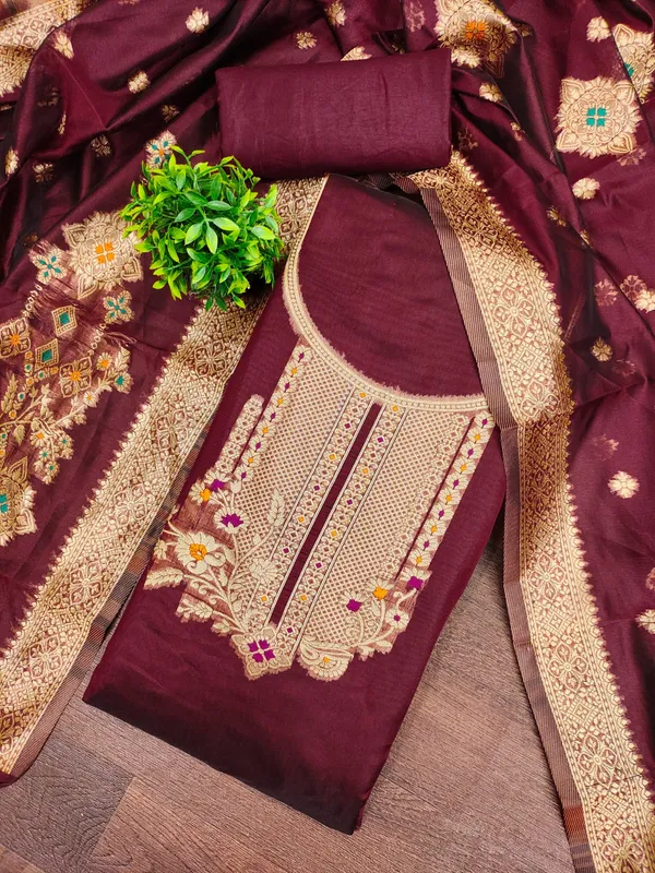 Maroon_Premium_Organza_Jacquard_Dress_Material_For_Women_&_Girls