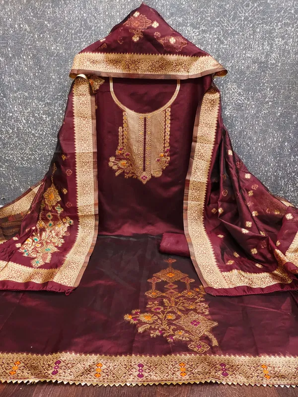 Maroon_Premium_Organza_Jacquard_Dress_Material_For_Women_&_Girls