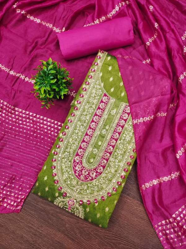 Green_Premium_Shimmer_Jacquard_Dress_Material_For_Women_&_Girls