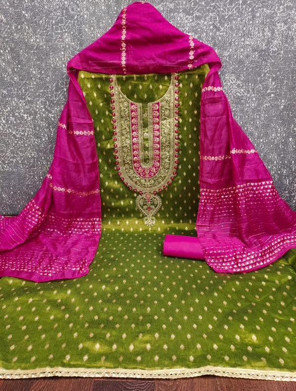 Green_Premium_Shimmer_Jacquard_Dress_Material_For_Women_&_Girls