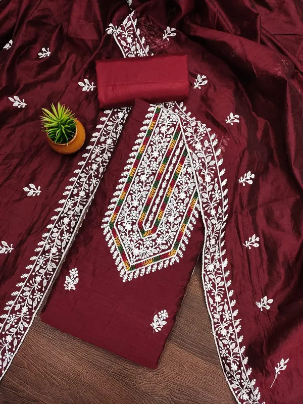 Dark_Red_Premium_Modal_With_Lakhnavi_Work_Dress_Material_For_Women_&_Girls