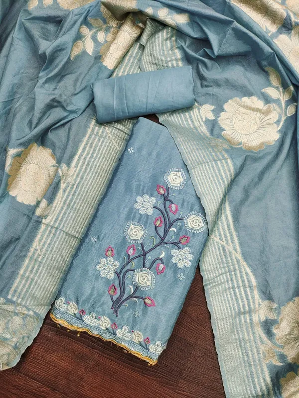 Turquoise_Blue_Premium_Chinnon_Silk_Dress_Material_For_Women_&_Girls