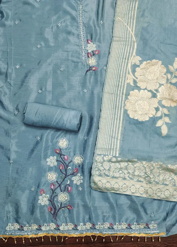 Turquoise_Blue_Premium_Chinnon_Silk_Dress_Material_For_Women_&_Girls