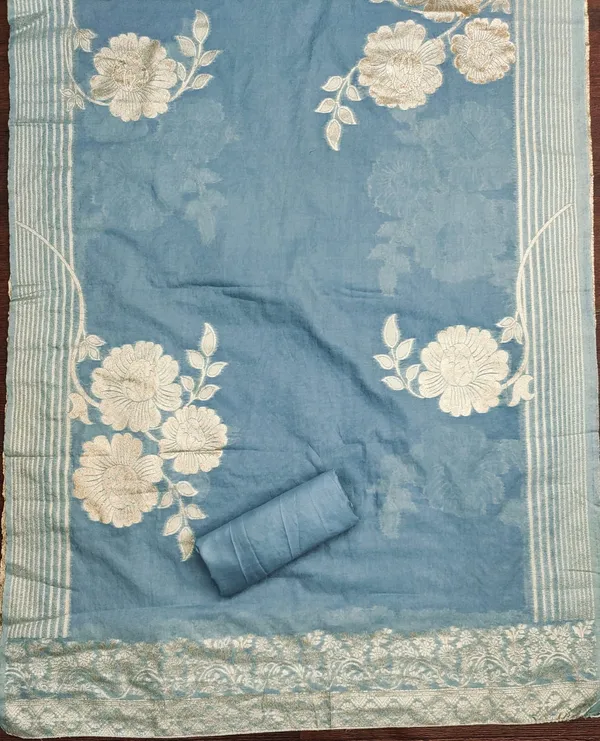 Turquoise_Blue_Premium_Chinnon_Silk_Dress_Material_For_Women_&_Girls