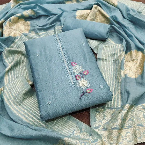 Turquoise_Blue_Premium_Chinnon_Silk_Dress_Material_For_Women_&_Girls