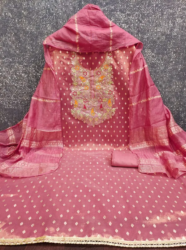 Peach_Premium_Shimmer_Jacquard_Dress_Material_For_Women_&_Girls
