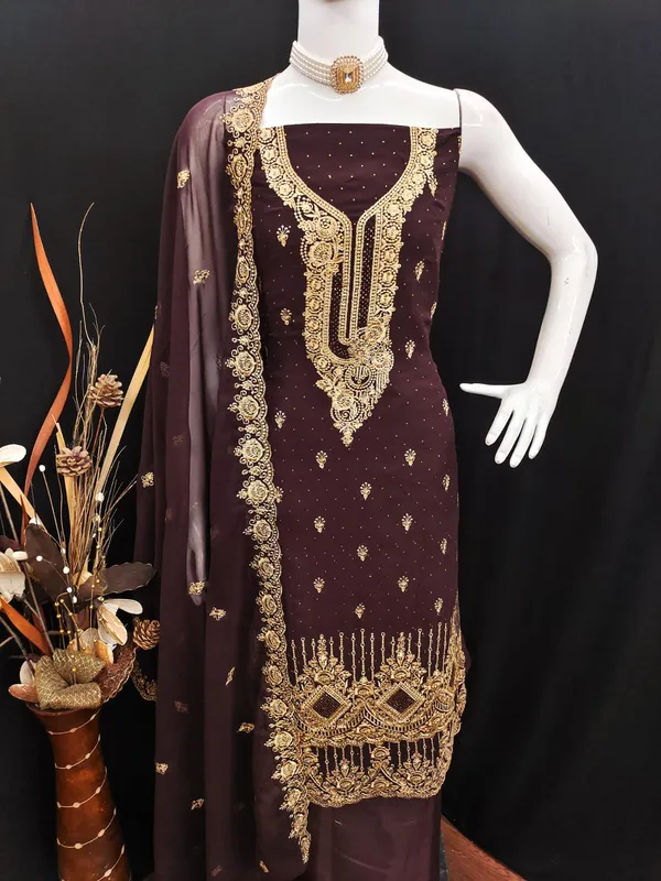 Chocolate_Brown_Premium_Georgette_Zari_Dress_Material_For_Women_&_Girls