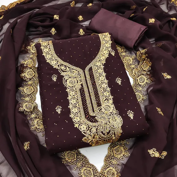 Chocolate_Brown_Premium_Georgette_Zari_Dress_Material_For_Women_&_Girls