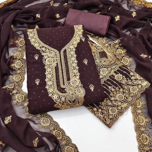 Chocolate_Brown_Premium_Georgette_Zari_Dress_Material_For_Women_&_Girls