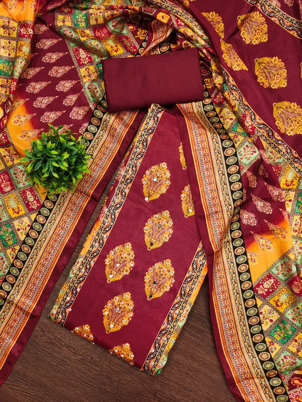 Maroon_Premium_Chinnon_Dress_Material_For_Women_&_Girls