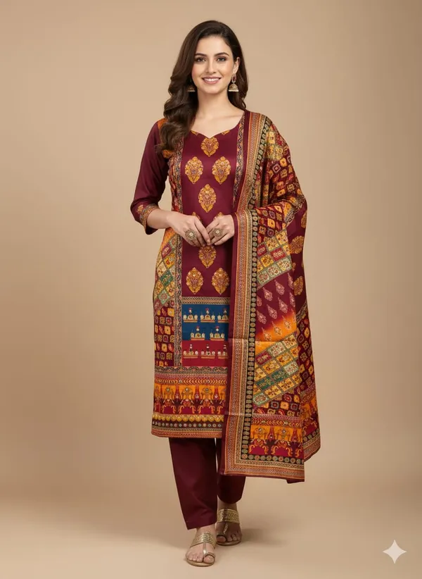 Maroon_Premium_Chinnon_Dress_Material_For_Women_&_Girls