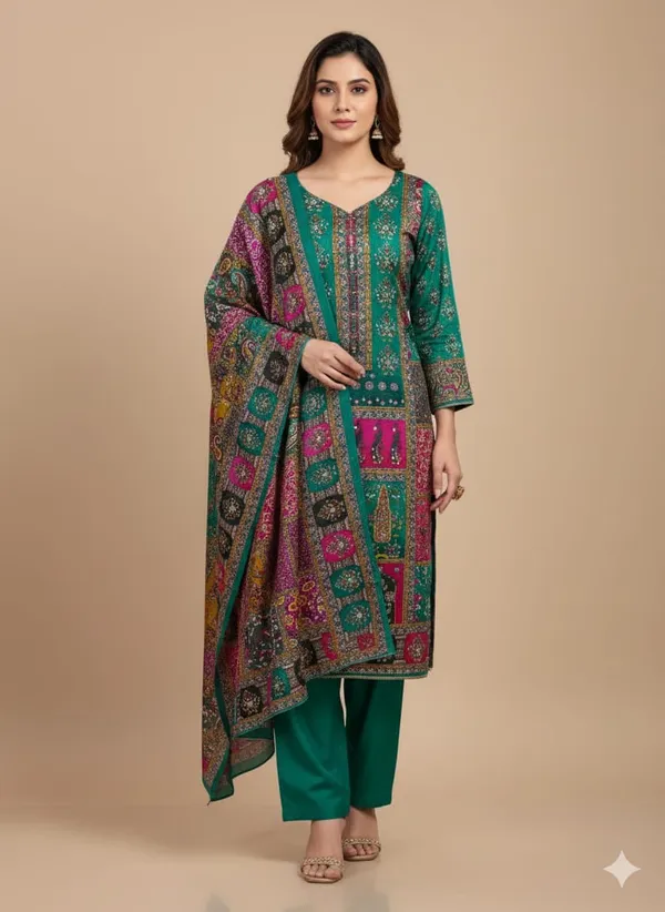 Green_Premium_Chinnon_Dress_Material_For_Women_&_Girls