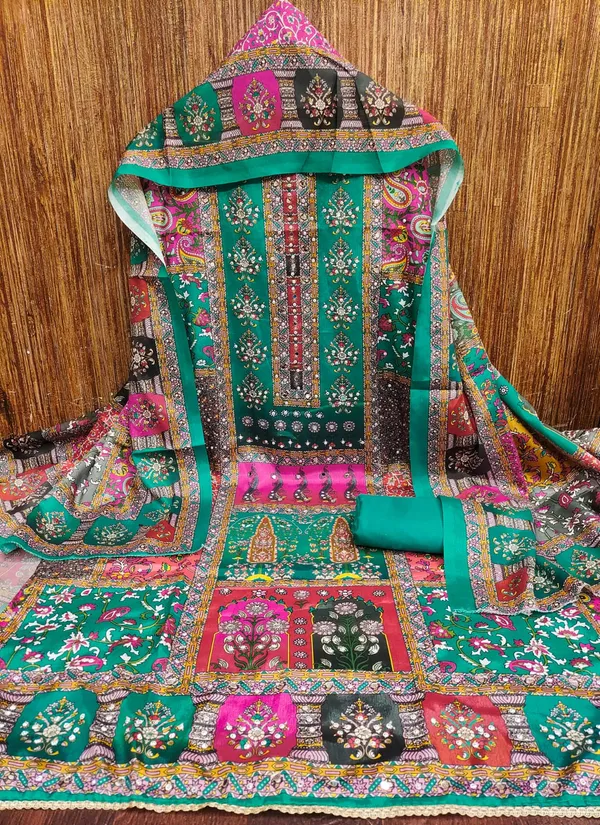 Green_Premium_Chinnon_Dress_Material_For_Women_&_Girls
