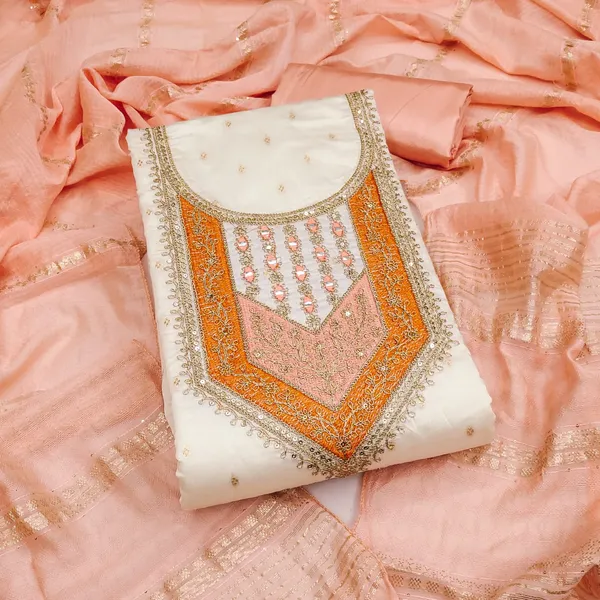 White_&_Peach_Premium_Modal_Silk_Dress_Material_For_Women_&_Girls