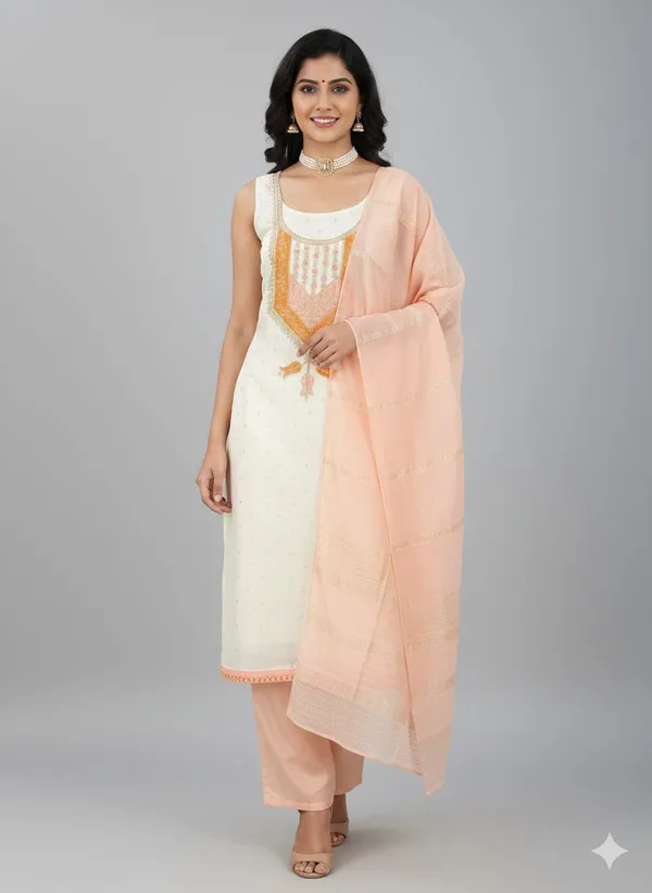 White_&_Peach_Premium_Modal_Silk_Dress_Material_For_Women_&_Girls