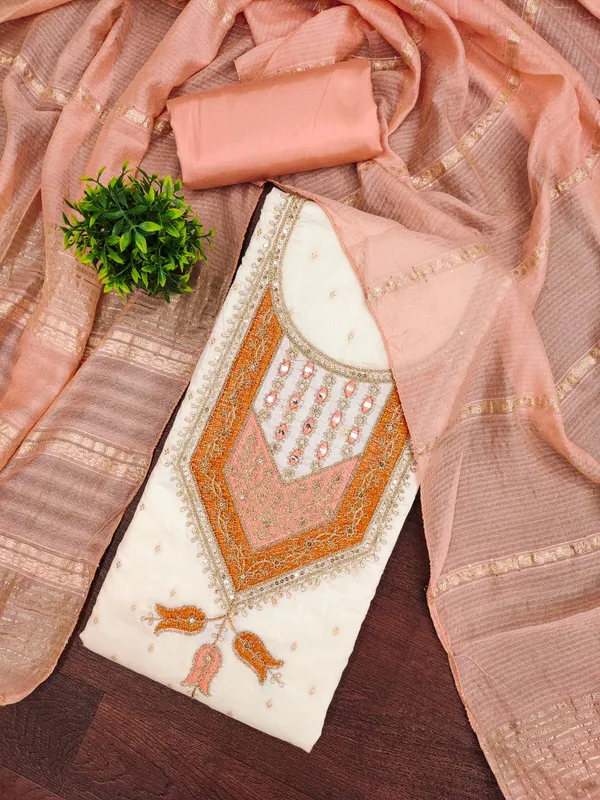 White_&_Peach_Premium_Modal_Silk_Dress_Material_For_Women_&_Girls