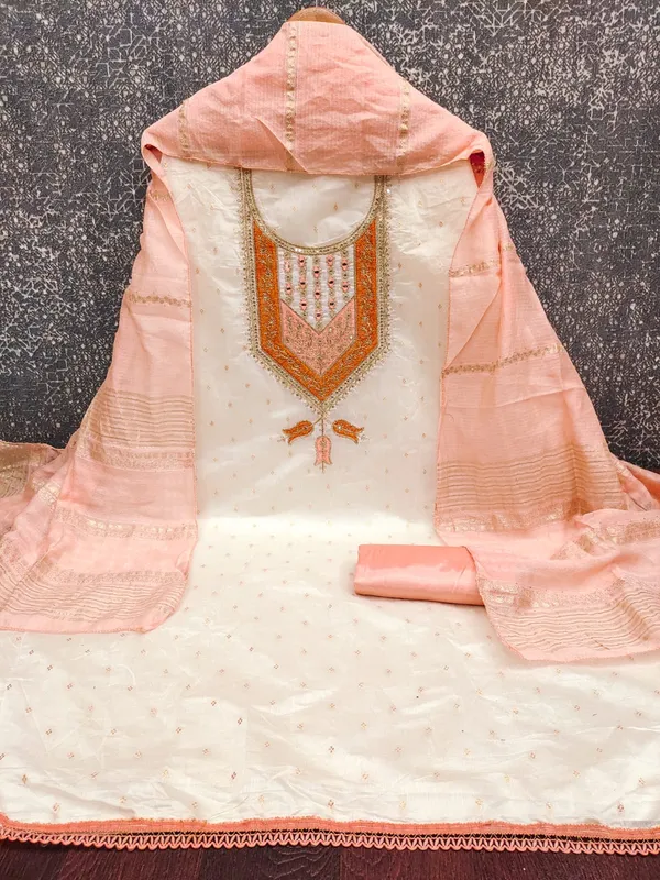 White_&_Peach_Premium_Modal_Silk_Dress_Material_For_Women_&_Girls