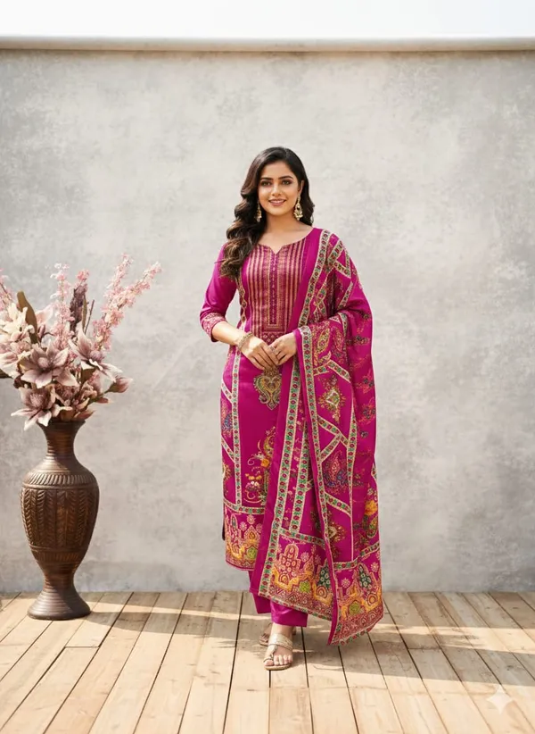 Dark_Pink_Premium_Chinnon_Dress_Material_For_Women_&_Girls