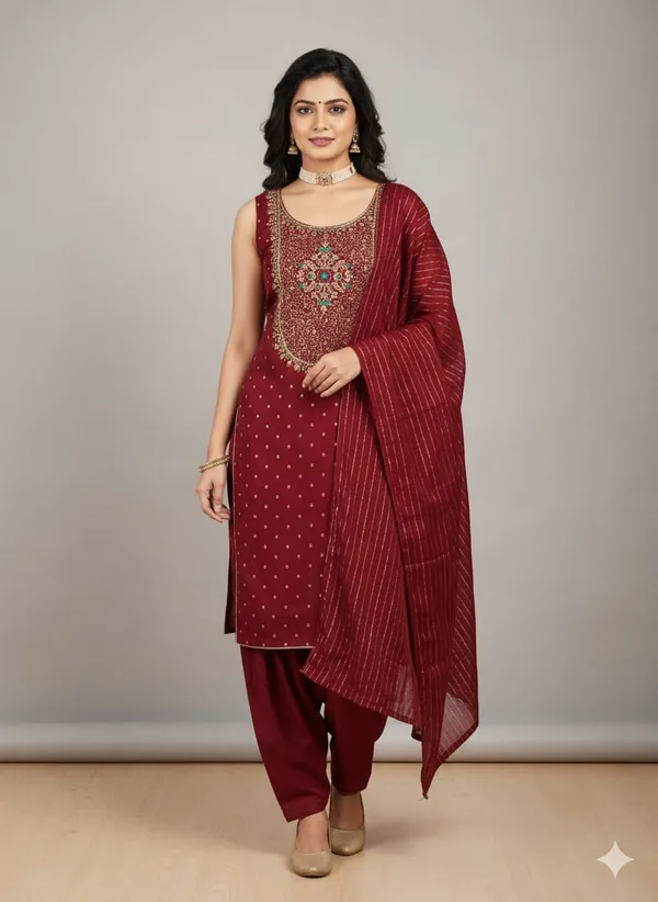 Maroon_Premium_Chinnon_Dress_Material_For_Women_&_Girls