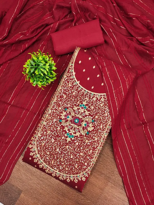 Maroon_Premium_Chinnon_Dress_Material_For_Women_&_Girls