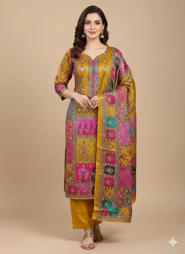 Mustard_Premium_Chinnon_Dress_Material_For_Women_&_Girls