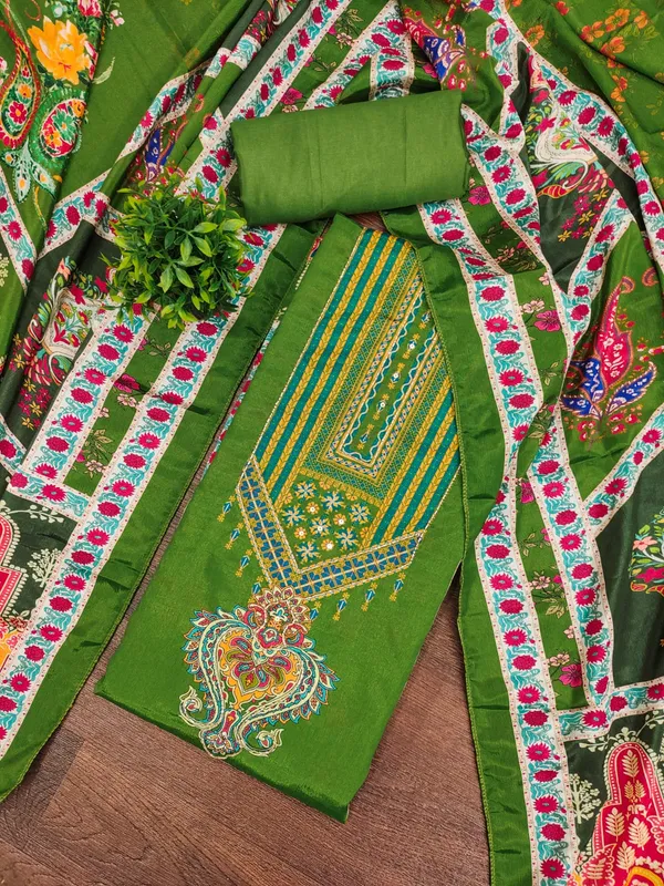 Green_Premium_Chinnon_Dress_Material_For_Women_&_Girls
