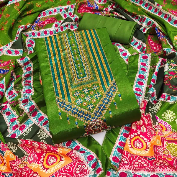 Green_Premium_Chinnon_Dress_Material_For_Women_&_Girls