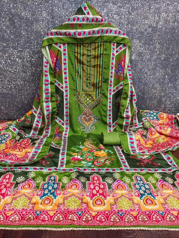 Green_Premium_Chinnon_Dress_Material_For_Women_&_Girls