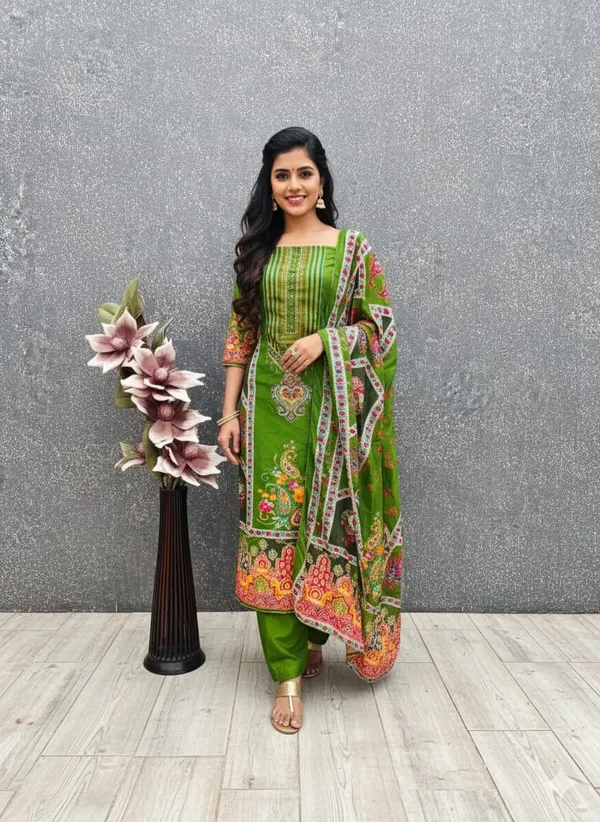 Green_Premium_Chinnon_Dress_Material_For_Women_&_Girls